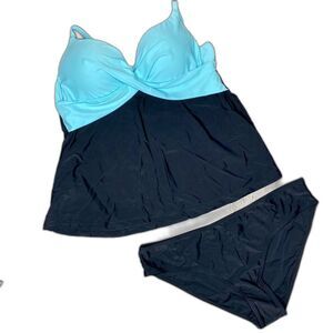 Women’s 4XL Tankini Swimsuit Set Blue Black Two Piece Swimwear Plus Size Bikini